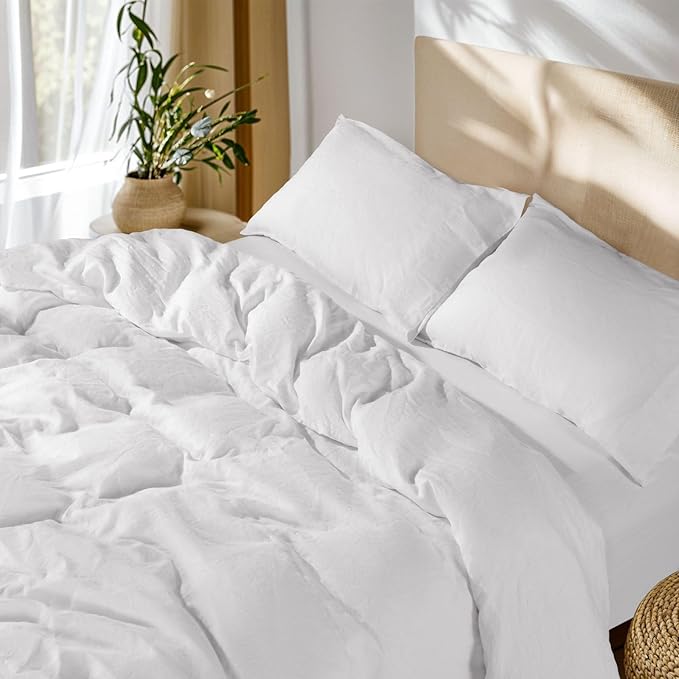 SONORO KATE 100% French Linen Duvet Cover, Soft Breathable for Hot Sleepers, Moisture Wicking & Durable Cover Set - Zipper Closure & 4 Corner Ties Duvet Covers 3 Piece (White,Cal King)