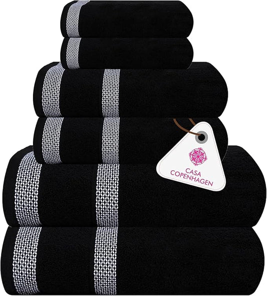 CASA COPENHAGEN Solitaire 6Pcs 100% Egyptian Cotton Large Designer Towels Gift Set- Coal-Black, 600GSM, 2Bath 2Hand 2Washcloths, Bath Towels for Bathroom (Box Pack, Gift Set for Women & Men)