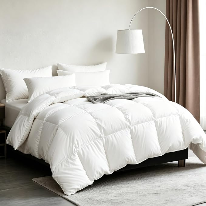 Cobnom® Luxury Organic Feather Down Comforter Full Size, All-Season Duvet Insert, Fluffy Fill-Power Down Feather Fibers Filled, 100% Cotton Cover, Medium Warm, 82x86 Inch, Ivory White