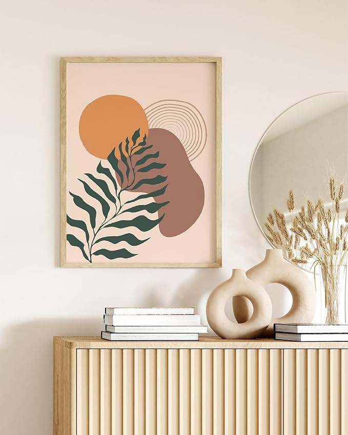 Boho Monstera Leaf Wall Art Abstract Sun Earth Tones Terracotta Mid Century Modern 12x16 Inch Oak Wood Beige Framed Minimalist Botanical Print for Living Room Office