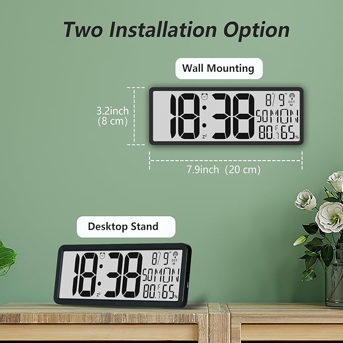 Digital LCD Atomic Desktop Clock, 7.8" Screen with Time, Date, Temperature, Humidity, Alarm, Snooze, DST, Time Zone for Home, Office (No Backlight)