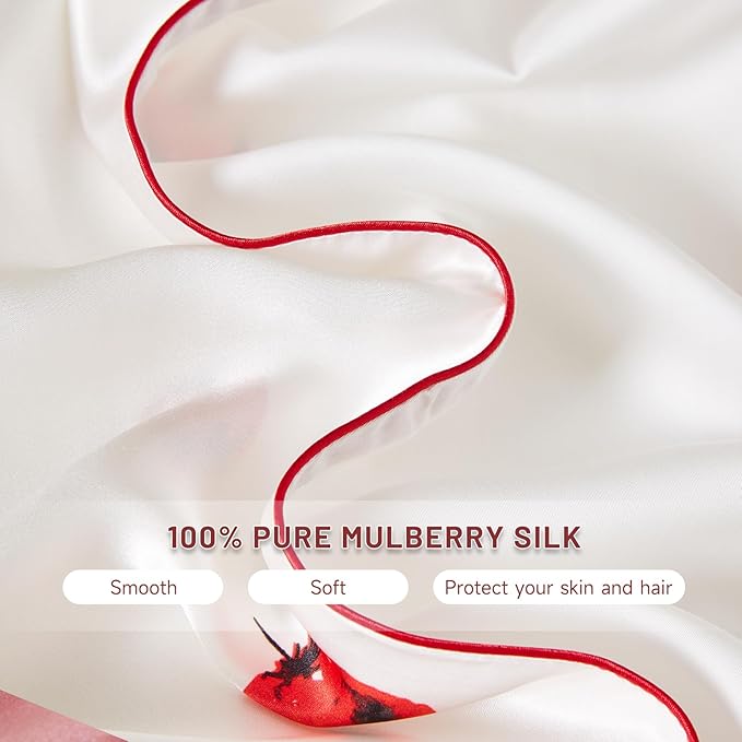 THXSILK Set of 2 Natural Mulberry Silk Pillowcase Hypoallergenic Zipper Pillow Case - Grade 6A+ Mulberry Real Silk Pillowcase Organic Silk Pillow Cover (White Strawberry, Queen Size 20"x30")