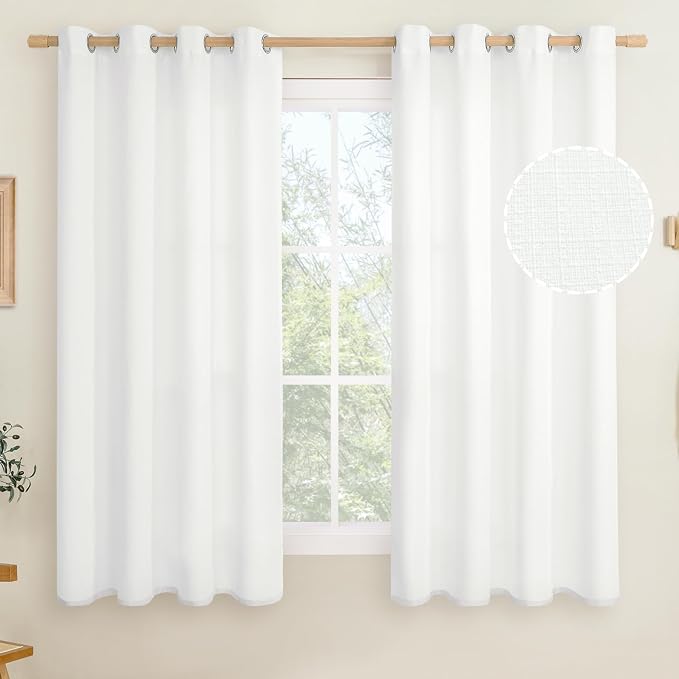 LAMIT White Linen Curtains 63 inch Length for Bedroom, Grommet Thermal Insulated Thick Curtains Burlap Light Filtering Panels for Living Room/Outdoor/French Door, Set of 2 Panels, W52 x L63