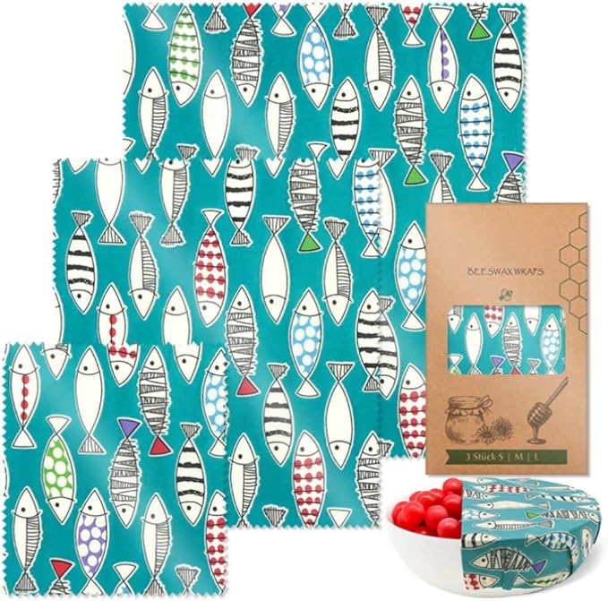 Beeswax Wraps Blue Fish-Flag 3 PCS Set Reusable Beeswax Food Wrap for Camping, Outings, Outdoor Adventures