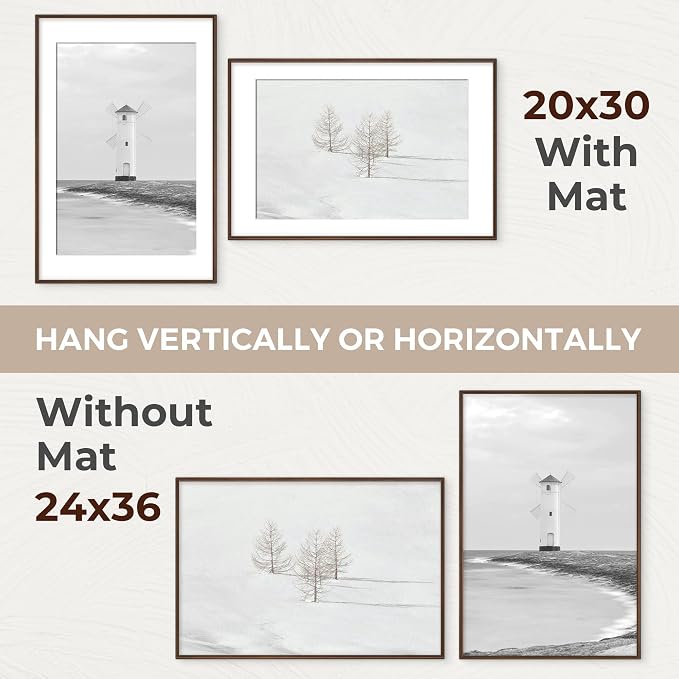 24x36 Picture Frame with Mat for 20x30, USA-Sourced Walnut Wood Handcrafted Rounded Corner with HD Tempered Glass, 24 x 36 Gallery Wall Frames for Posters & Art Prints, Vertically or Horizontally