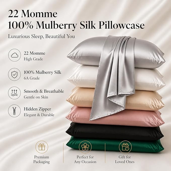 Grey Mulberry Silk Pillowcase for Acne Prone Skin Sleeping Women, Pure 22 Momme Hypoallergenic Silk Pillow Cases with Zipper, Natural Cooling Pillow Case from USA, 1 Pc 20"x26" (Standard, Grey)