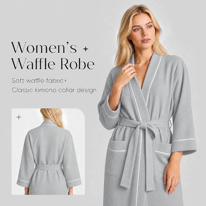 Inner Wish Women's Cotton Waffle Kimono Robe, Lightweight Quick Dry Spa Shower Robe with Pockets