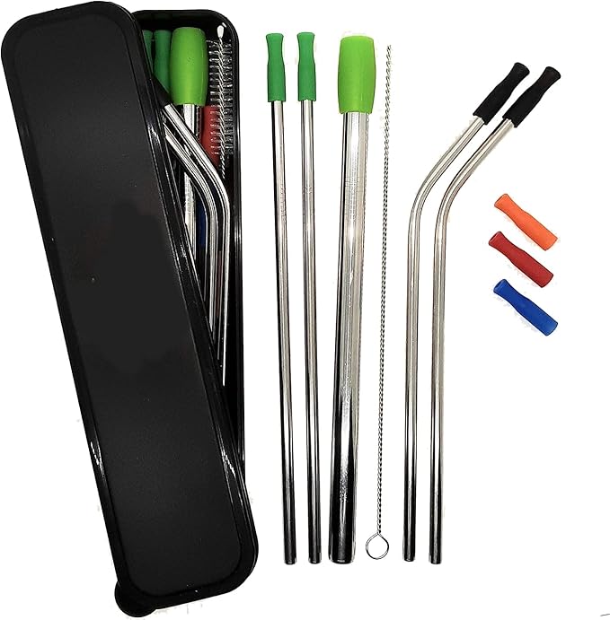 Reusable Stainless Steel Straw Set with Silicone Tips and Travel Case Compatible with Hot Cold Drinks Smoothies Cocktails and Daily Use