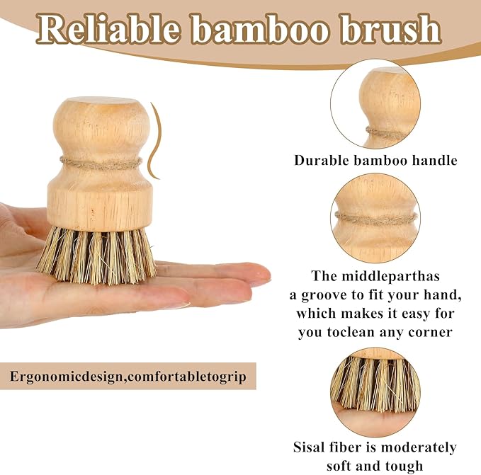 8 Packs Bamboo Dish Scrub Brushes Natural Palm Wooden Scrubbers Set Kitchen Dishwashing Scrubber with Natural Sisal Bristles for Iron Pot Pan Sink (Round)