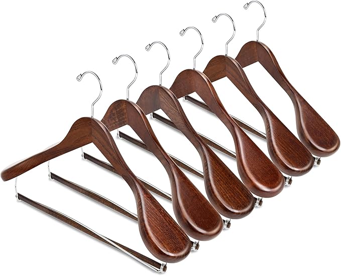 Amber Home 6 Pack Wide Shoulder Wooden Suit Hangers, Retro Wood Coat Hangers with Non Slip Locking Bar, Clothes Hangers for Jackets, Sweaters, Pants & Heavy Clothes (Retro)