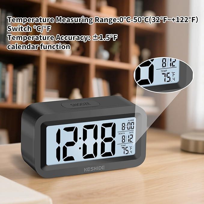 Travel Digital Alarm Clock,Battery Operated with Backlight, Indoor Temperature, Desk Small Clock,Snooze Model,12/24H Display for Bedrooms Heavy Sleepers Kids Travel Bathroom (Black)