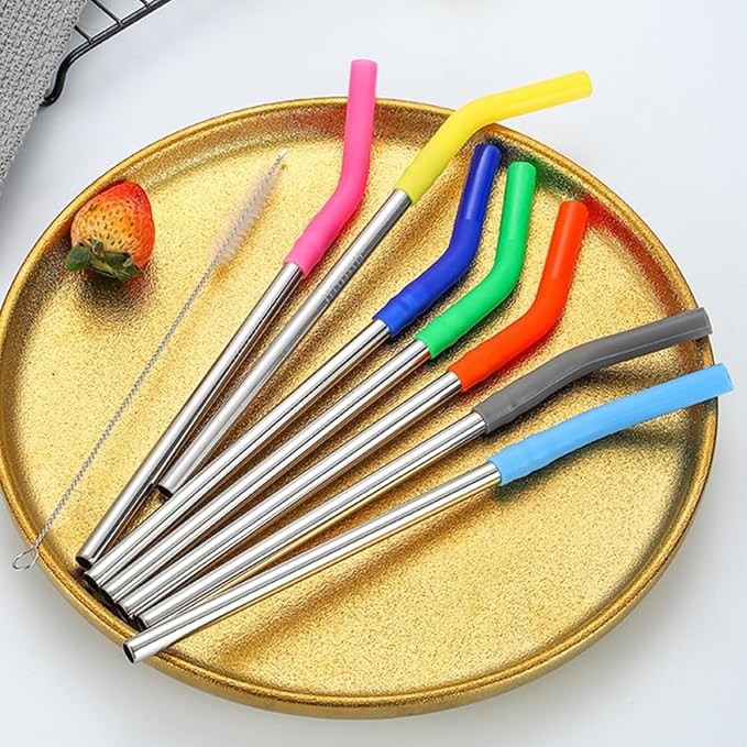 ABOOFAN Stainless Steel Drinking Straws with Silicone Tips and Cleaning Brush, 8pcs Mixed Color Reusable Beverage Straws Set for Party Drinks and Smoothies