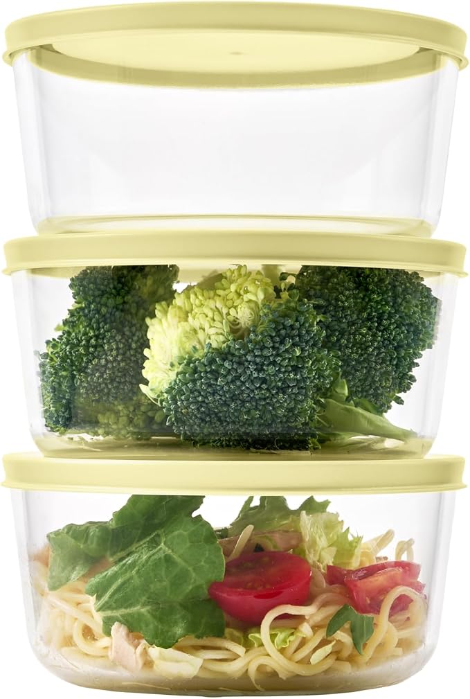 6-Piece Glass Food Storage Containers Set (3 Containers + 3 BPA-Free Lids) | 4-Cup, Leakproof | Microwave, Freezer, Oven & Dishwasher Safe | Ideal for Meal Prep & Pantry Organization, Yellow