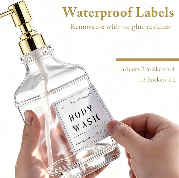 Glass Soap Dispenser with Pump,Tray,Funnel, Countertop Soap and Lotion Dispenser Set of 2 with 60 Stickers, Dish and Hand Soap Dispenser Bottle for Kitchen,Bathroom,Shower,500ml/16.9oz