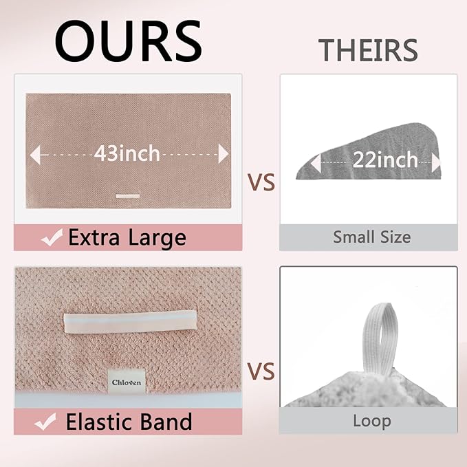 Chloven 2 Pack Extra Large Microfiber Hair Towel Wrap for Women,43 inch X 24 inch Anti Frizz Hair Drying Towel with Elastic Strap,Hair Wrap Towels Absorbent Quick Dry Hair Turbans for Drying Long Hair