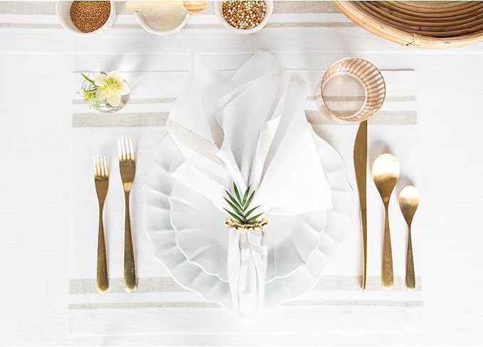 Solino Home Linen French Stripe Cloth Placemats Set of 6-100% Pure Linen Natural and White Placemats 14 x 19 Inch for Summer