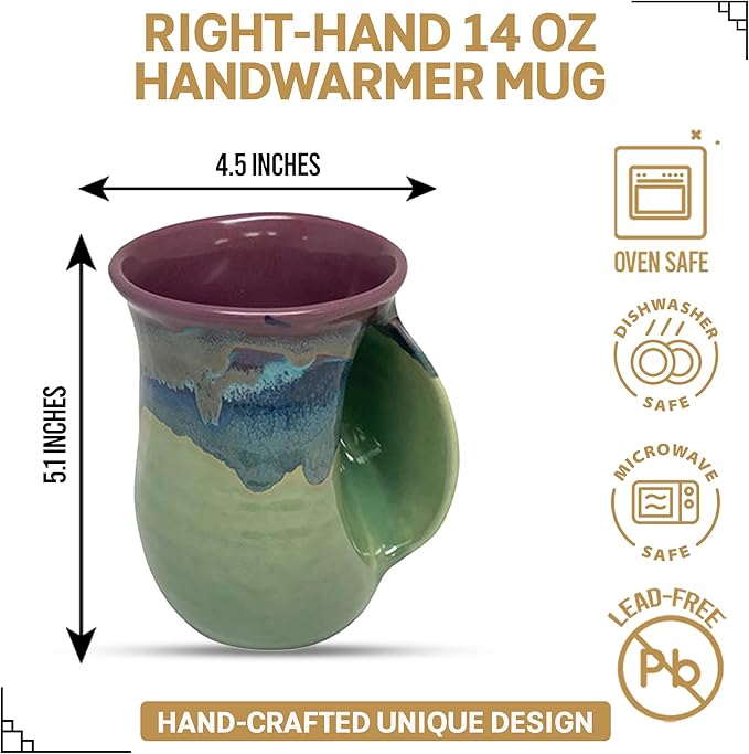 Clay in Motion Hand Warmer Coffee Mug – Handmade Coffee Mug With Comfortable Handle Contoured Pocket Hand Warming Ceramic Coffee Mug – Proudly Made in USA – Right Handed – 14 Oz - Mossy Creek