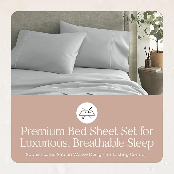 100% Organic Cotton Sheets Twin Size - GOTS Certified Organic Bed Sheets with Deep Pocket 300 Thread Count & Cozy Sateen Weave Gets Softer with Each Wash - Luxury 3 Piece Set (Shore, Twin)