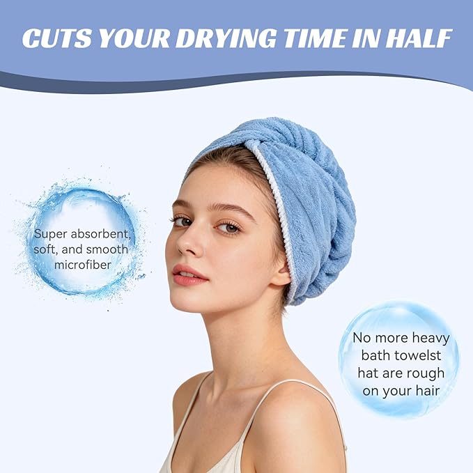 Microfiber Hair Towel Wrap for Women, Soft Lightweight Quick Dry Turban, Drying Hair Towels for Women, Hair Drying Towel with Button for Curly & Long Hair - Blue (Note: This model is ultra-slim.)