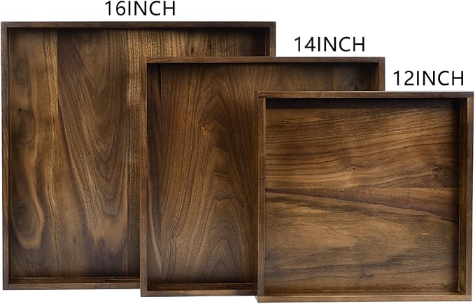 16 x 16 inches Large Square Ottoman Tray Solid Black Walnut Table Platter Decorative Wooden Serving Tray with Handle for Oversized Ottoman Home Breakfast in Bed Tea Coffee