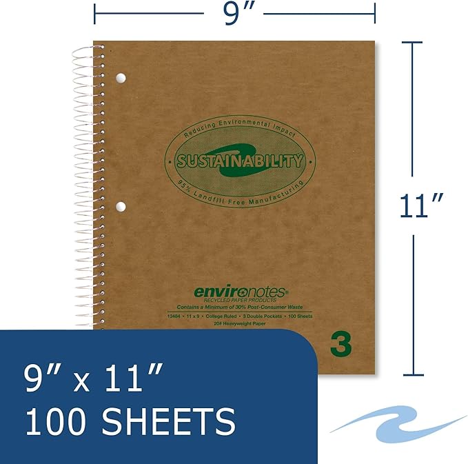 ROARING SPRING Environotes Recycled Spiral Notebook – 24 Pack, 11" x 9", Three Subject, 100 Sheets, College Ruled Perforated Heavyweight 20 lb Paper, 3 Double Pocket, Made in USA