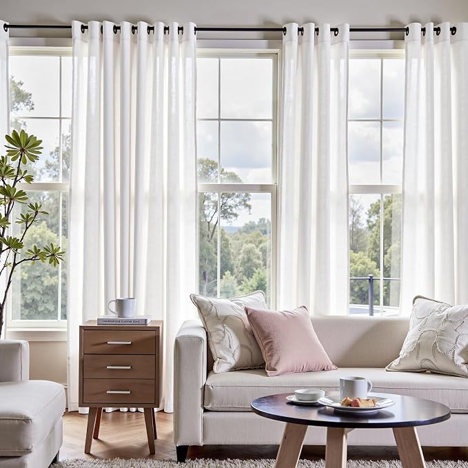 jinchan White Semi Sheer Linen Curtains 90 Inch Length 2 Panels Set Grommet Light Filtering Living Room Curtain Panles Home Office Minimalist Decor Farmhouse Boho Burlap Textured Curtains 50 Inch Wide