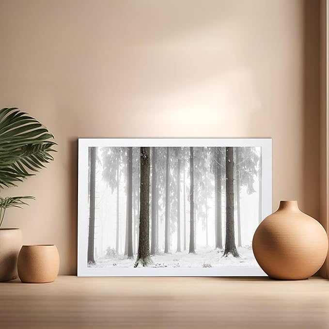 Monem Art Foggy Winter Forest Photography Print - Minimalist Snowy Landscape Poster - Wall Decor for Living Room, Bedroom or Office - 16x20 White Framed Wall Art by Mareike Bohmer
