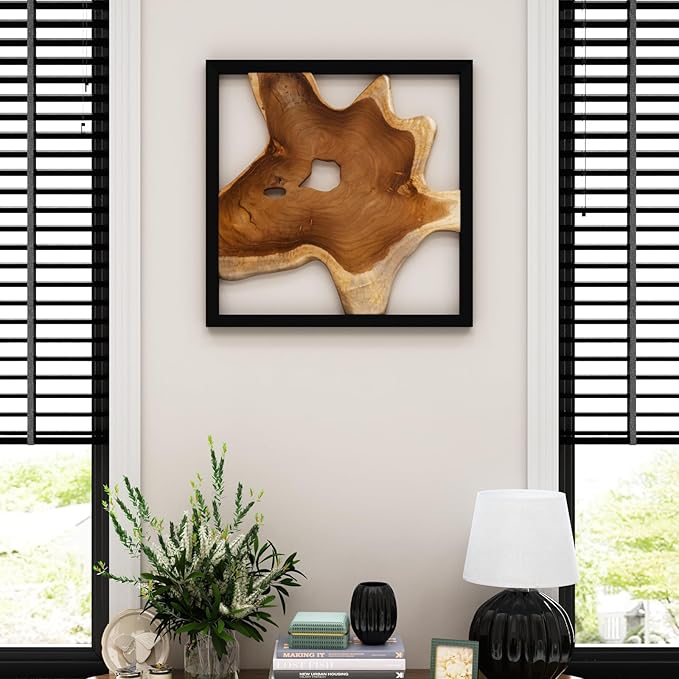 JOLLYMER 2 Pack Live Edge Teak Wood Wall Decor, Rustic Wooden Wall Art, Handcrafted Home Decoration for Living Room Bedroom Office, 17"x17" Black Frame