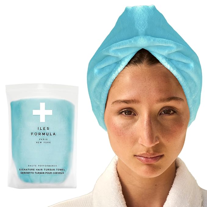 ILES FORMULA Hair Turban Towel – Ultra-Soft Microfiber Hair Towel Wrap for Fast Drying, Frizz Control & Breakage Protection – Large, Lightweight Hair Wrap for Short, Long & Curly – Spa Blue