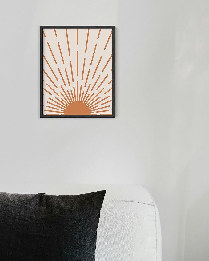 Minimalist Sunburst Wall Art Abstract Geometric Arch Earth Tones Terracotta Mid Century Modern 8x10 Inch Oak Wood Black Framed Boho Sunrise Print for Bedroom Living Room Decor