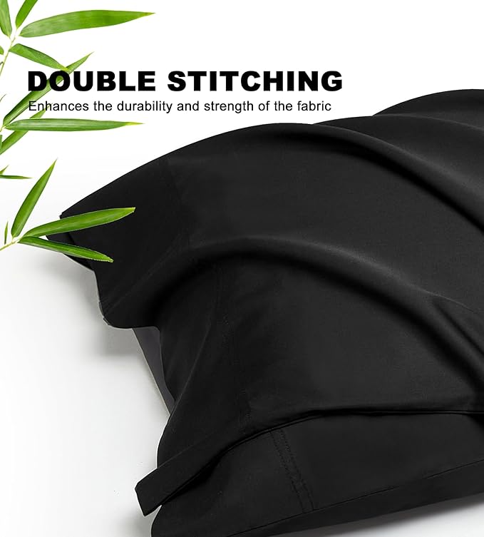 100% Rayon Derived from Bamboo Pillowcases Standard Size 2 Piece, Hot Sleepers Cooling Silky Pillow Cases, Black 20x26 Inches