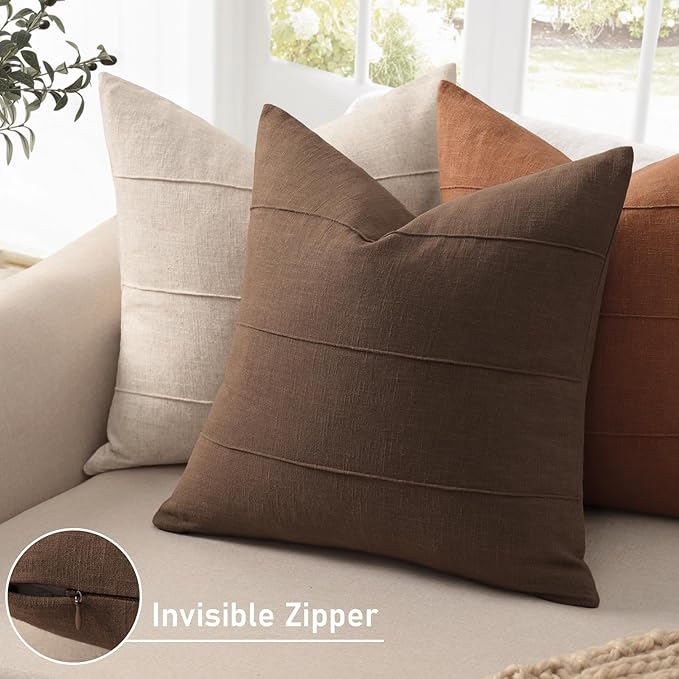 ZWJD Decorative Linen Throw Pillow Covers 26x26 Set of 2 Solid Handcrafted Striped Cushion Covers for Bed Soft Modern Farmhouse Neutral Pillowcase for Couch Bedroom Living Room Home Decor(Brown)