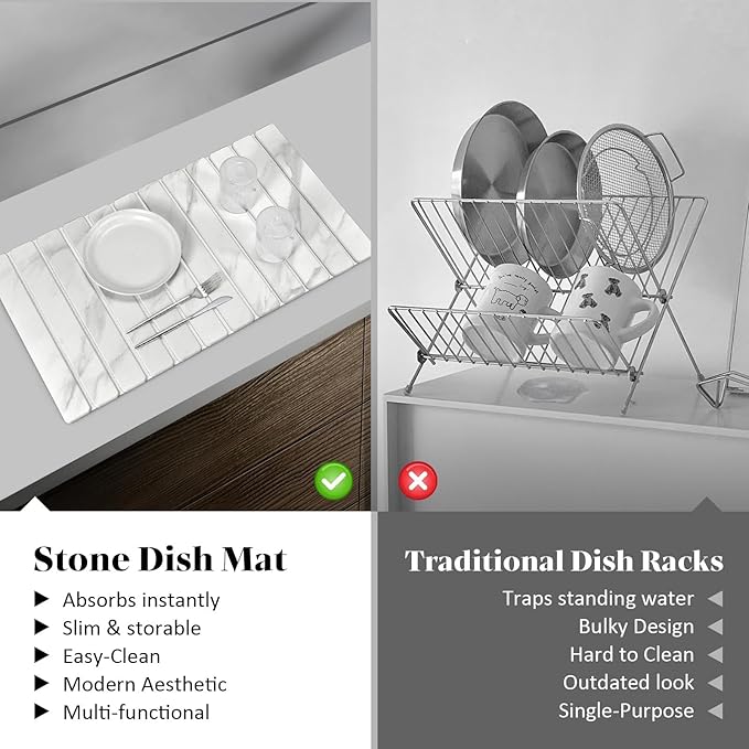 Large Stone Dish Drying Mat for Kitchen Counter, Quick Dry Dish Drying Mats, Foldable Absorbent Diatomaceous Earth Mats for Dishes Bottles Cup, Match Any Countertop (White Marble 28"×16" & 8"x4")