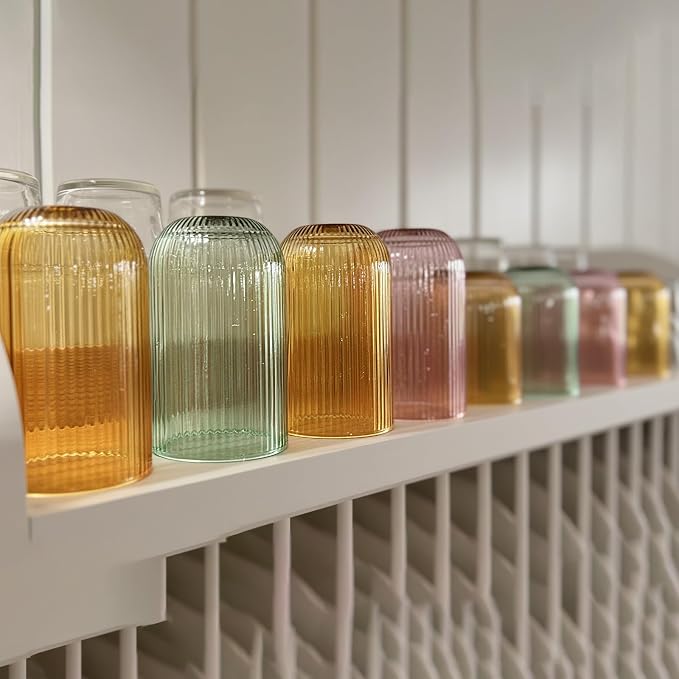 Set of 8 Dopamine-colored-match Ribbed Glassware,4 Highball Glasses 14oz & 4 Rocks Drinking Glasses 9oz, Origami Style, Fluted Design, for Daily use, Water, Cocktail, Whiskey, Kitchen, Gift