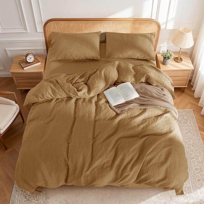 LBRO2M 100% France Linen Duvet Cover Set 3 Pcs Including 1 Flax Comforter Cover with Zipper Closure, 2 Pillowcase, Cozy Duvet Cover Full Size, Rust