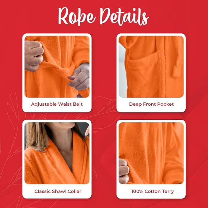 RIVERSIDE Premium 100% Cotton Terry Bathrobe For Women and Men - Soft Towel Robes with Shawl Collar Ajdustable Belt & Pockets