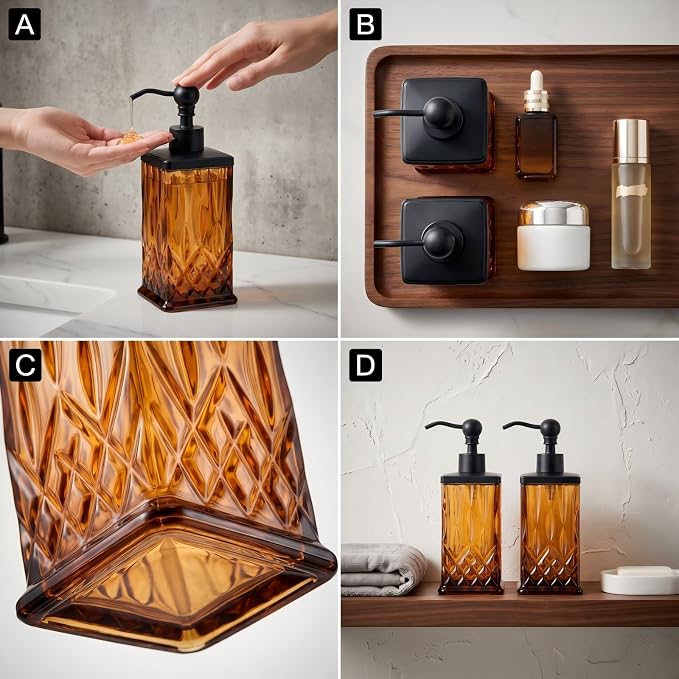 2 Pack 10Oz Glass Soap Dispenser with Matte Black Zinc Alloy Pump,Amber Square Textured Refillable Hand Soap Dispenser with Vertical Fluting for Lotion,Soap,Body Wash,Kitchen Bathroom Countertop Decor