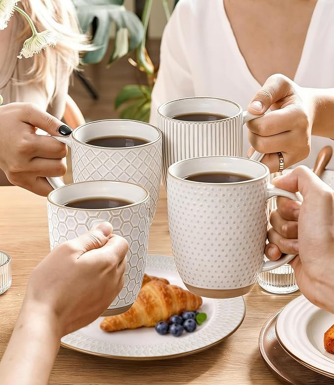 GBhome Large Coffee Mugs Set of 6, 16oz Handmade Embossed Coffee Mugs Set with Large Handle for Cappuccino/Latte/Tea/Hot Cocoa, Dishwasher & Microwave Safe, Off White