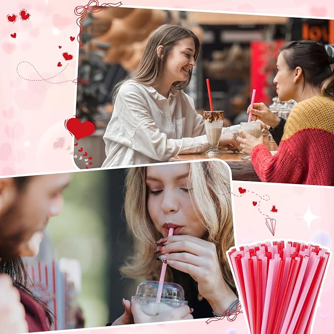 Honeydak 120 Pcs Red and Pink Straws, 9 Inch Reusable Hard PP Plastic Drinking Straws Cute Party Straw for Cocktails Smoothies Juice for Cold Drinks, Party Supplies