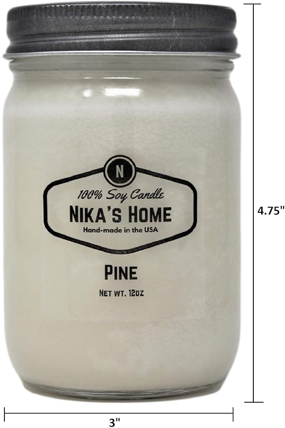 Nika's Home Pine Soy Candle - 12oz Mason Jar - Non-Toxic - Hand Poured in The USA, Long Burning 50-60 Hours Highly Scented All Natural, Clean Burning