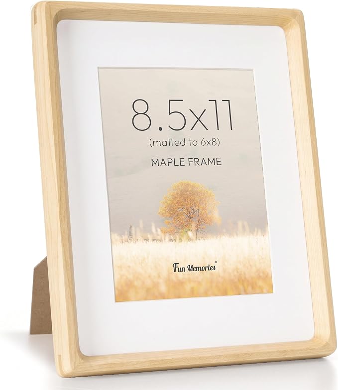 8.5 by 11 Picture Frame, USA-Sourced Maple Wood Photo Frames with HD Tempered Glass, Handcrafted Rounded Corner 8.5 x 11 Wooden Frames Matted to 6x8 Photos, 8.5x11 Frame, Tabletop or Wall Display