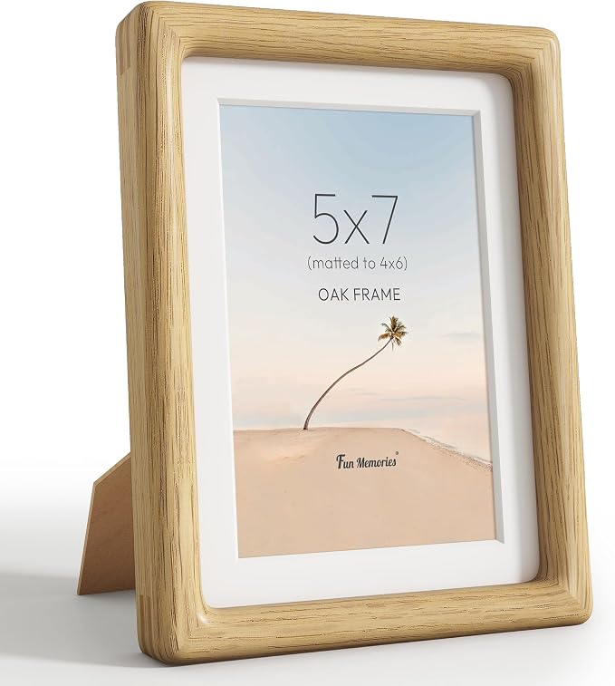 5x7 Picture Frame, USA-Sourced Oak Wood Photo Frames with HD Tempered Glass, Display Photo 4x6 with Mat or 5x7 Without Mat, 5 x 7 Frame for Tabletop or Wall Display, Oak Color, 1 Pack