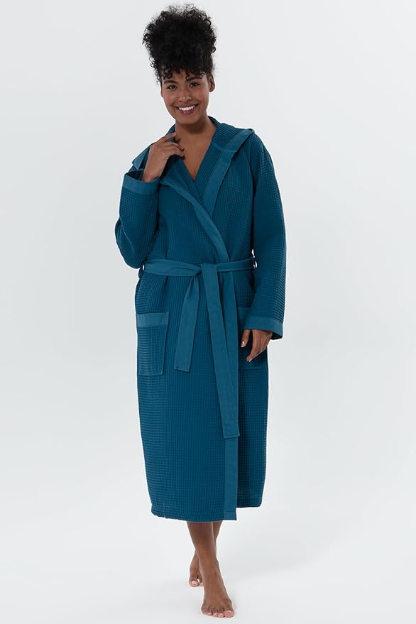 SEYANTE Women's Organic Cotton Waffle Kimono, Hooded Robe – GOTS Certified Lightweight Full-Length Spa Bathrobe with Piping