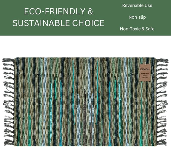 Cotton Chindi Rug - Boho Rustic Area Accent Throw Rug - Area Floor Carpet for Bedroom Living Room Kitchen Dorm Entryway Hallway - 20x32 inch Hand Woven Reversible Area Rug Green Multi