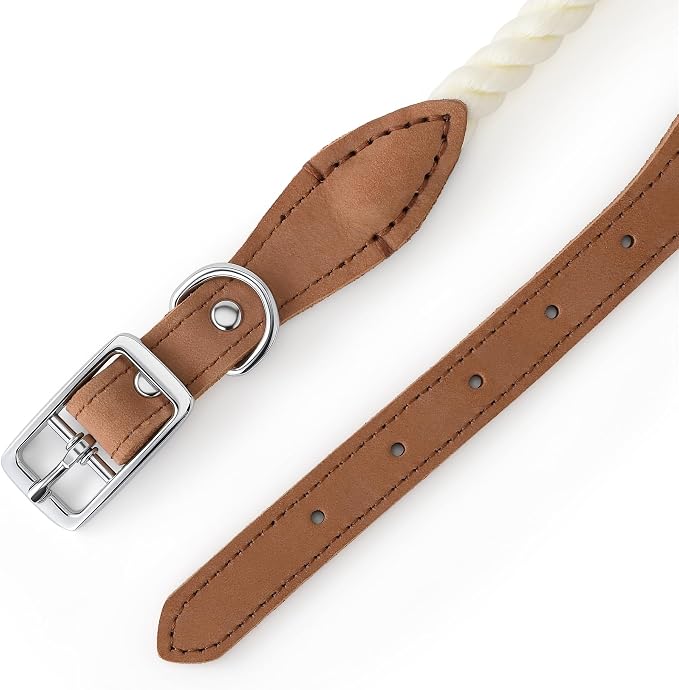 Mile High Life Genuine Leather Dog Collar, Durable Braided Cotton Rope Collar with Metal Pin Buckle for Small Medium Large Dogs (Cream, M Neck 15"-18")