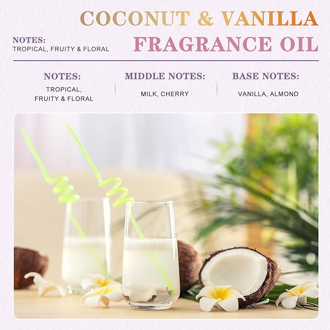 EUQEE 100ML/3.38 Fl Oz Coconut & Vanilla Fragrance Oil with Glass Dropper, Essential Oil for Diffuser for Home, Yoga, Long Lasting Scented Oil for Candle Making, Handmade Soap Making, DIY Perfume