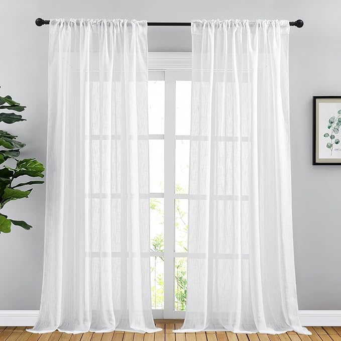 NICETOWN White Sheer 102 inch Curtains for Sliding Glass Door, Rod Pocket & Back Tab Linen Blend Semi Sheer Window Treatments Privacy with Light Filtering for Bedroom, W66 x L102, 2 Panels