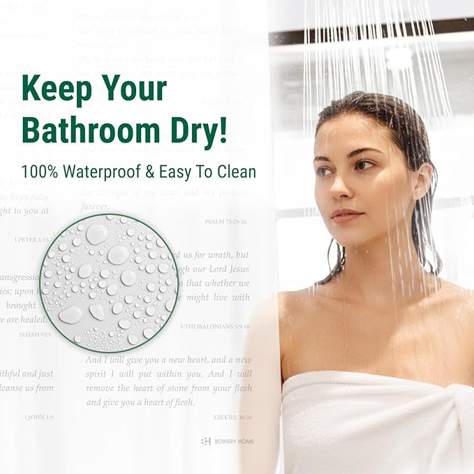Bowery Home Eco-Friendly Recycled PEVA Shower Curtain Liner – Waterproof, Sustainable, Non-Toxic Shower Curtain Liner, NOT Made in China - 72x72in, 4G – NIV Holy Bible Verses