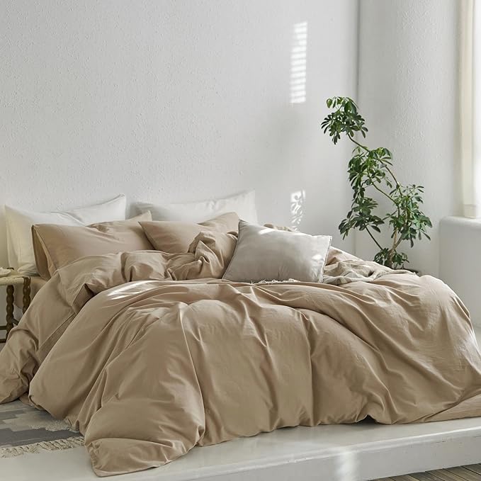 MooMee King Duvet Cover Set, 100% Washed Cotton Linen Like Twill Thick Sturdy Material Super Soft Breathable Durable Bedding for All Season, 3 Pieces (Camel, King 104"x90")