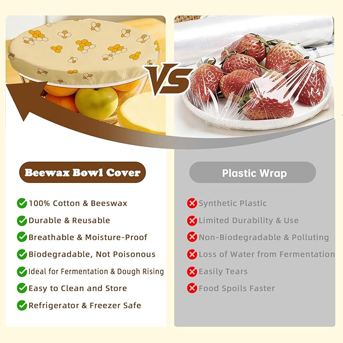 Reusable Beeswax Bowl Covers for Bread Proofing & Food Storage, Eco-Friendly Organic Cotton & Natural Wax & Resin, for Baking, Picnic, Pet Food, Sustainable Kitchen (Honeybee001, 2*12''+2*10''+2*8'')